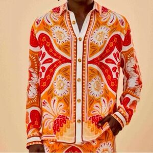NEW FARM Rio Wonderful Scarf Long Sleeve Shirt Tropical Orange White Size S